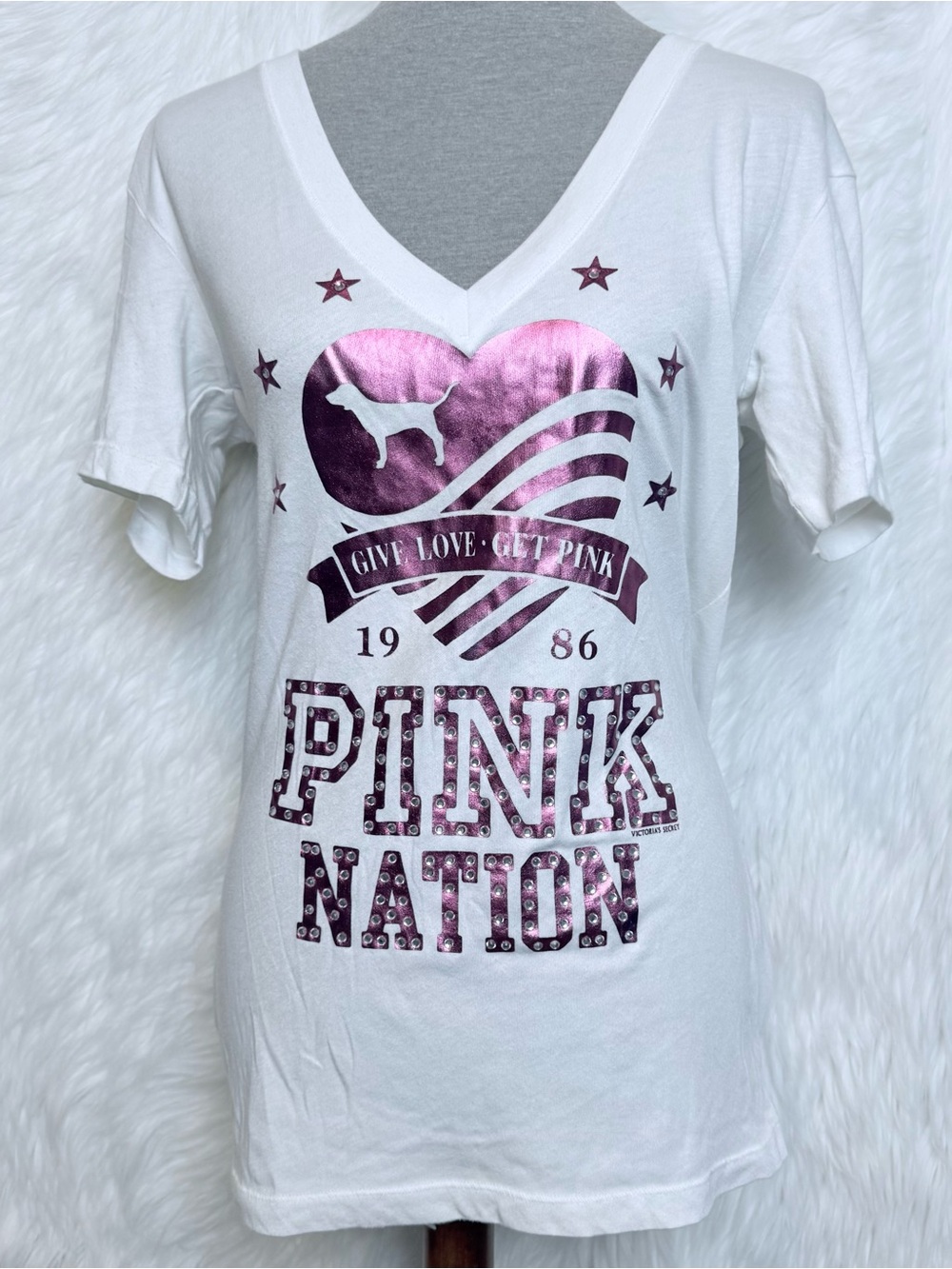 PINK NATION Victoria’s Secret Metallic Rhinestone Give Love V-Neck T-Shirt